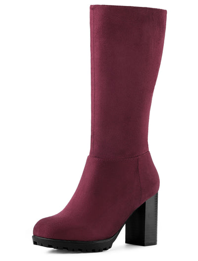 Faux Suede Mid Calf Block Heel Side Zipper Mid-Calf Boots