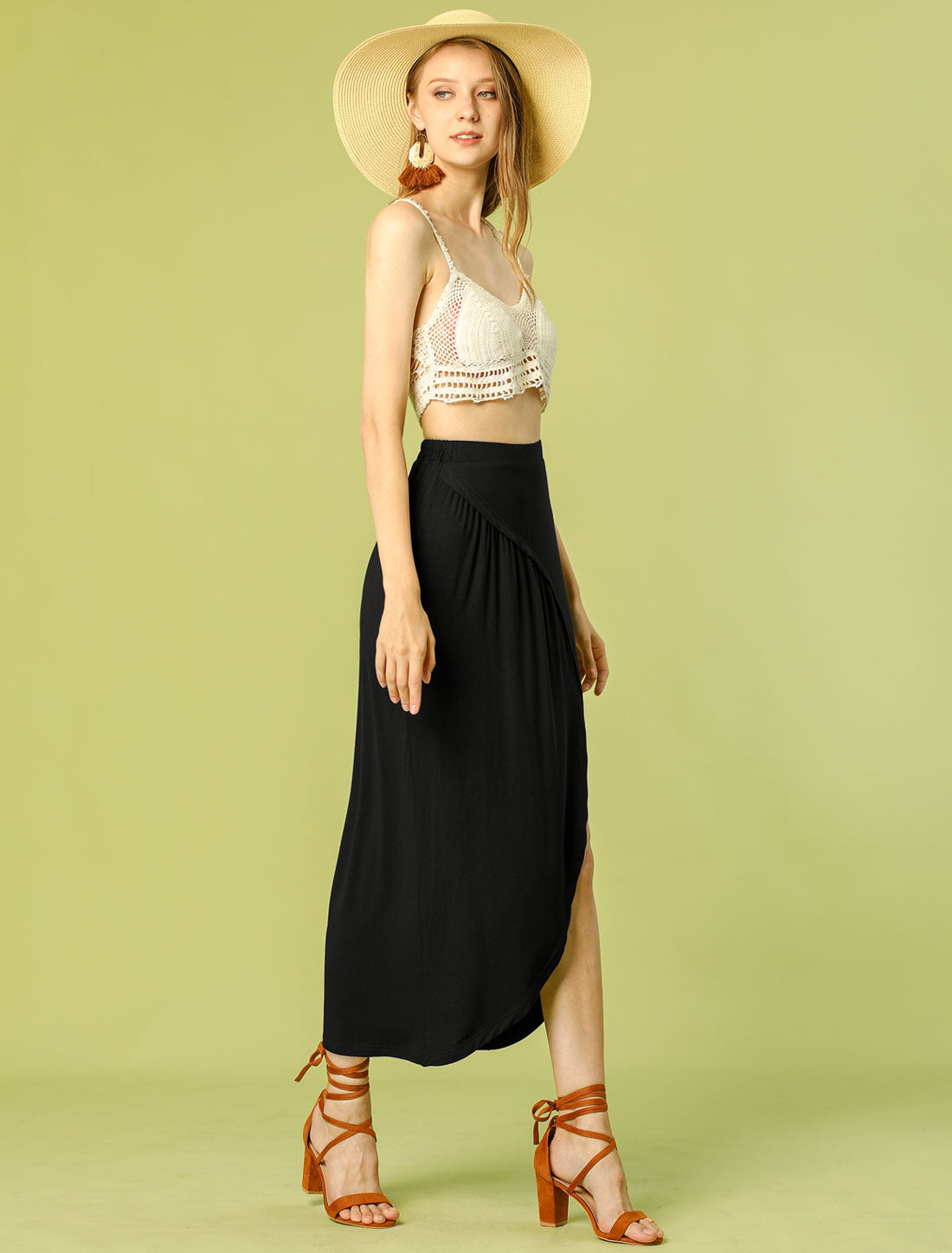 Allegra K Ruched Split High Waist Summer Beach Long Maxi Skirt