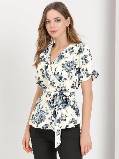 Allegra K Wrap Peplum Tie Waist Short Sleeve Ruffle Floral V Neck Blouse