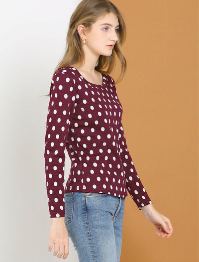 Cotton Slim Scoop Neck Stretchy Long Sleeve Polka Dots Sweater