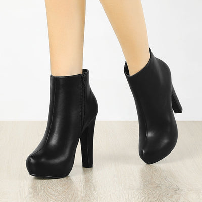 Faux Leather Round Toe Platform Chunky Heel Ankle Boots