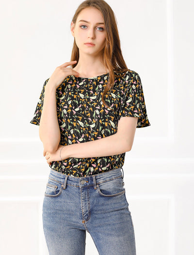 Floral Blouse Tee Chiffon Casual Flutter Sleeve Tops