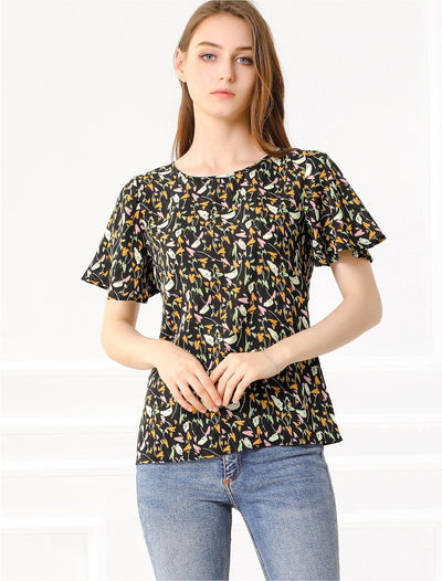 Floral Blouse Tee Chiffon Casual Flutter Sleeve Tops