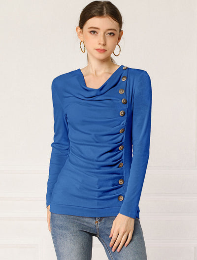 Buttons Decor Cowl Neck Long Sleeve Ruched Top