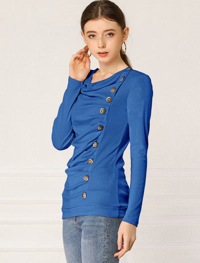 Buttons Decor Cowl Neck Long Sleeve Ruched Top