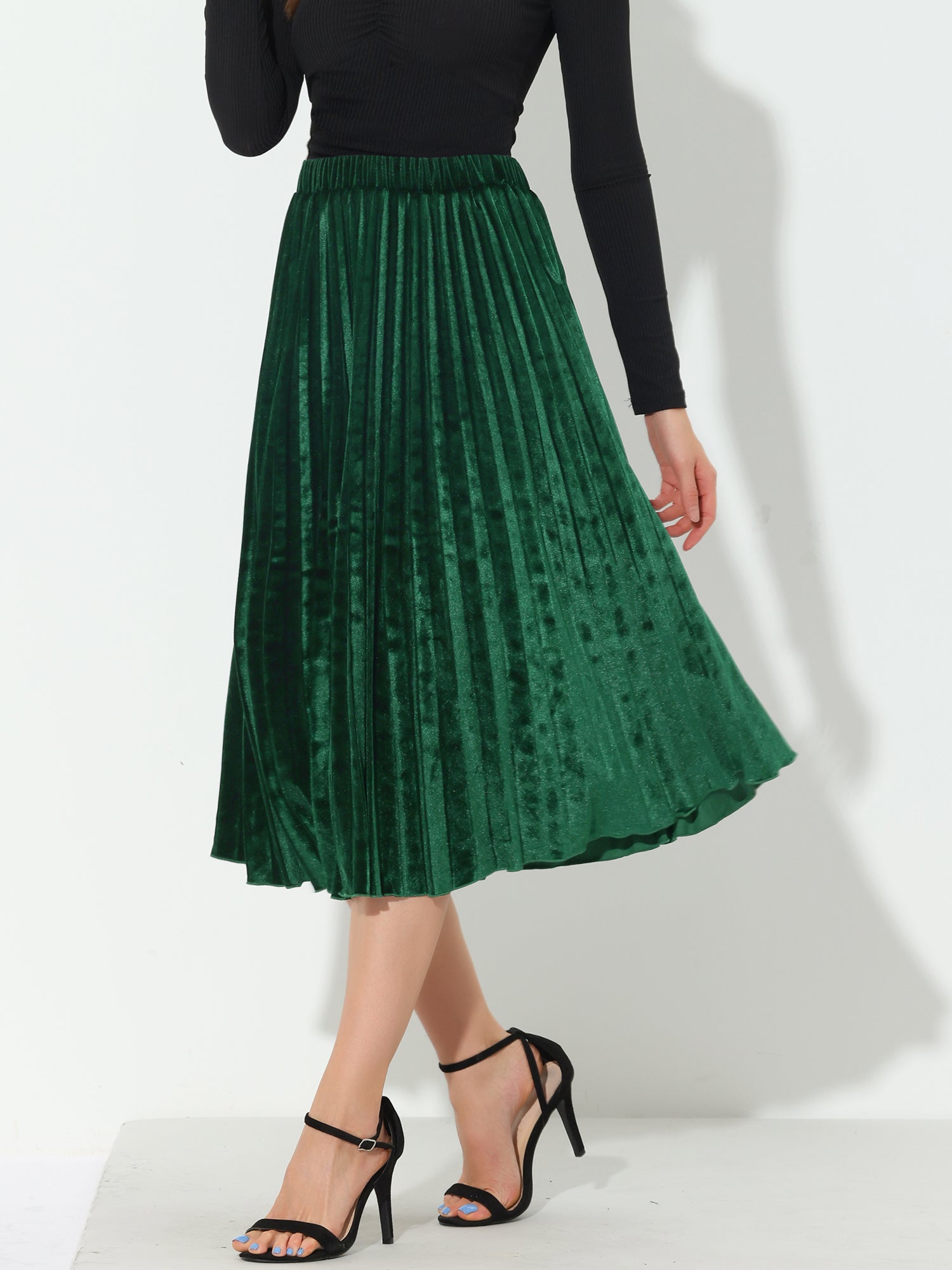 Emerald green outlet pleated velvet skirt