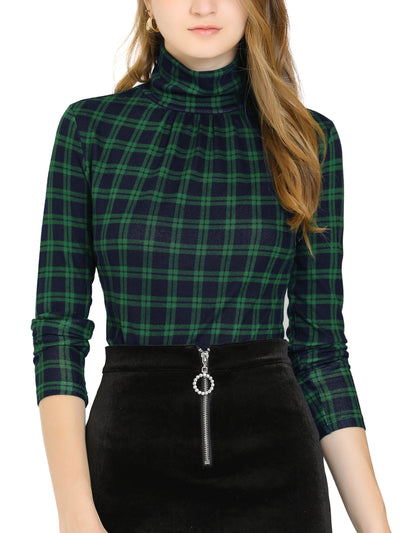 Long Sleeve Turtleneck Stretch Slim Christmas Party Plaid Shirt