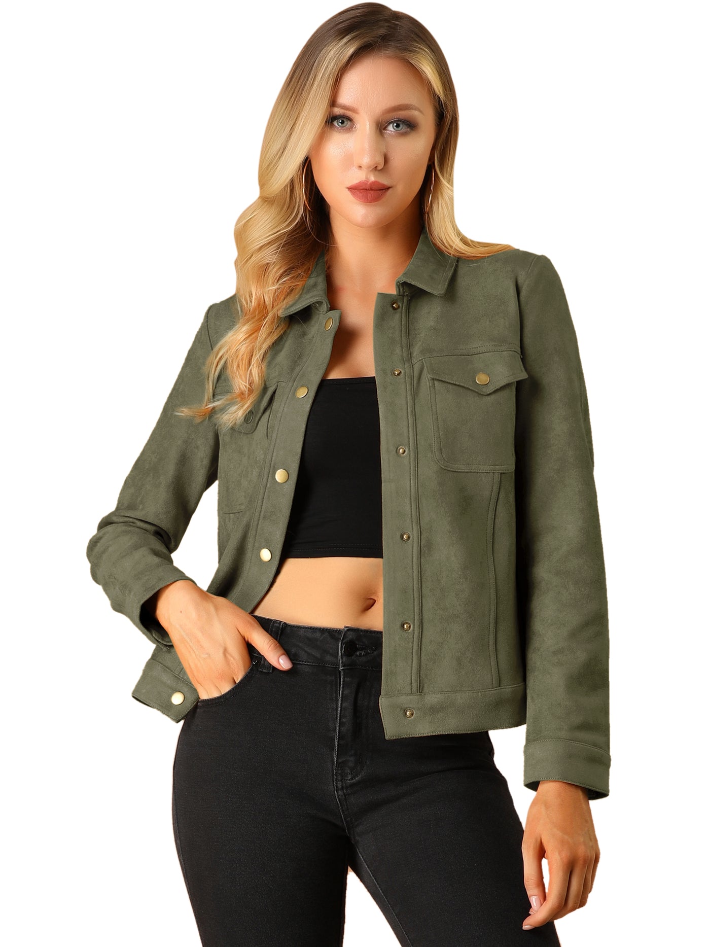 Allegra K Turn-Down Collar Flap Pocket Snap Button Faux Suede Jacket