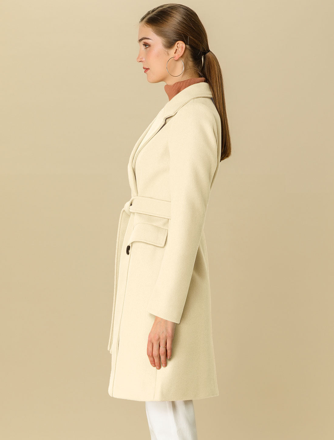 Allegra K Notch Lapel Belted Mid Long Outwear Winter Coat