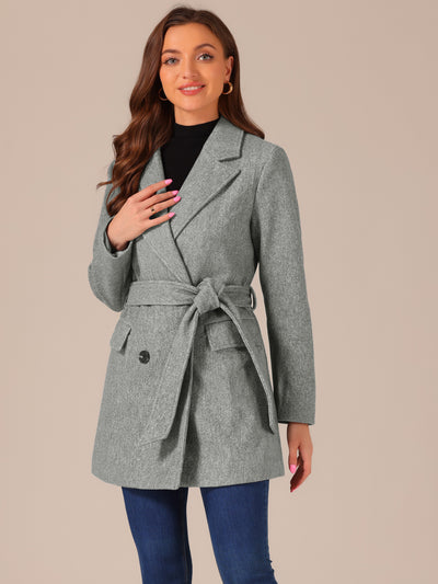 Notch Lapel Double Breasted Belted Mid Long Outwear Winter Coat