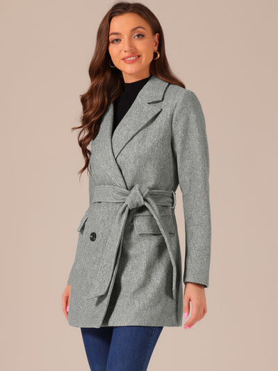 Notch Lapel Double Breasted Belted Mid Long Outwear Winter Coat