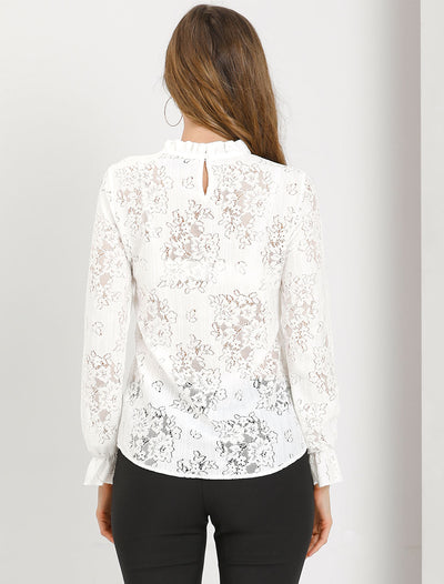 See Through Ruffle Frill Neck Long Sleeve Floral Lace Blouse