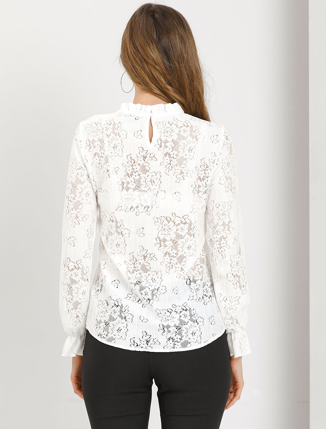 Allegra K See Through Ruffle Frill Neck Long Sleeve Floral Lace Blouse