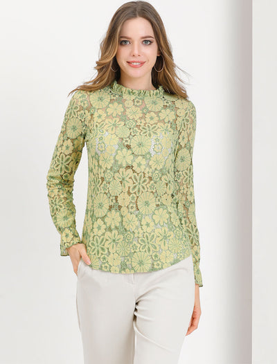 See Through Ruffle Frill Neck Long Sleeve Floral Lace Blouse