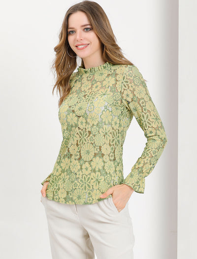 See Through Ruffle Frill Neck Long Sleeve Floral Lace Blouse