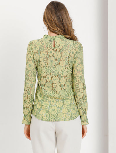 See Through Ruffle Frill Neck Long Sleeve Floral Lace Blouse