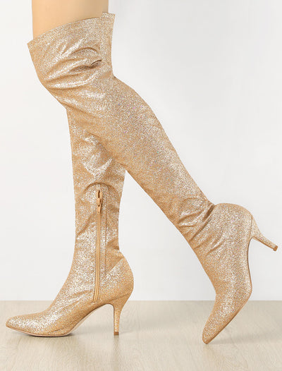 Glitter Pointed Toe Stiletto Heel Over the Knee High Boots