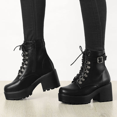 Zip Up Chunky Heel Platform Ankle Combat Boots