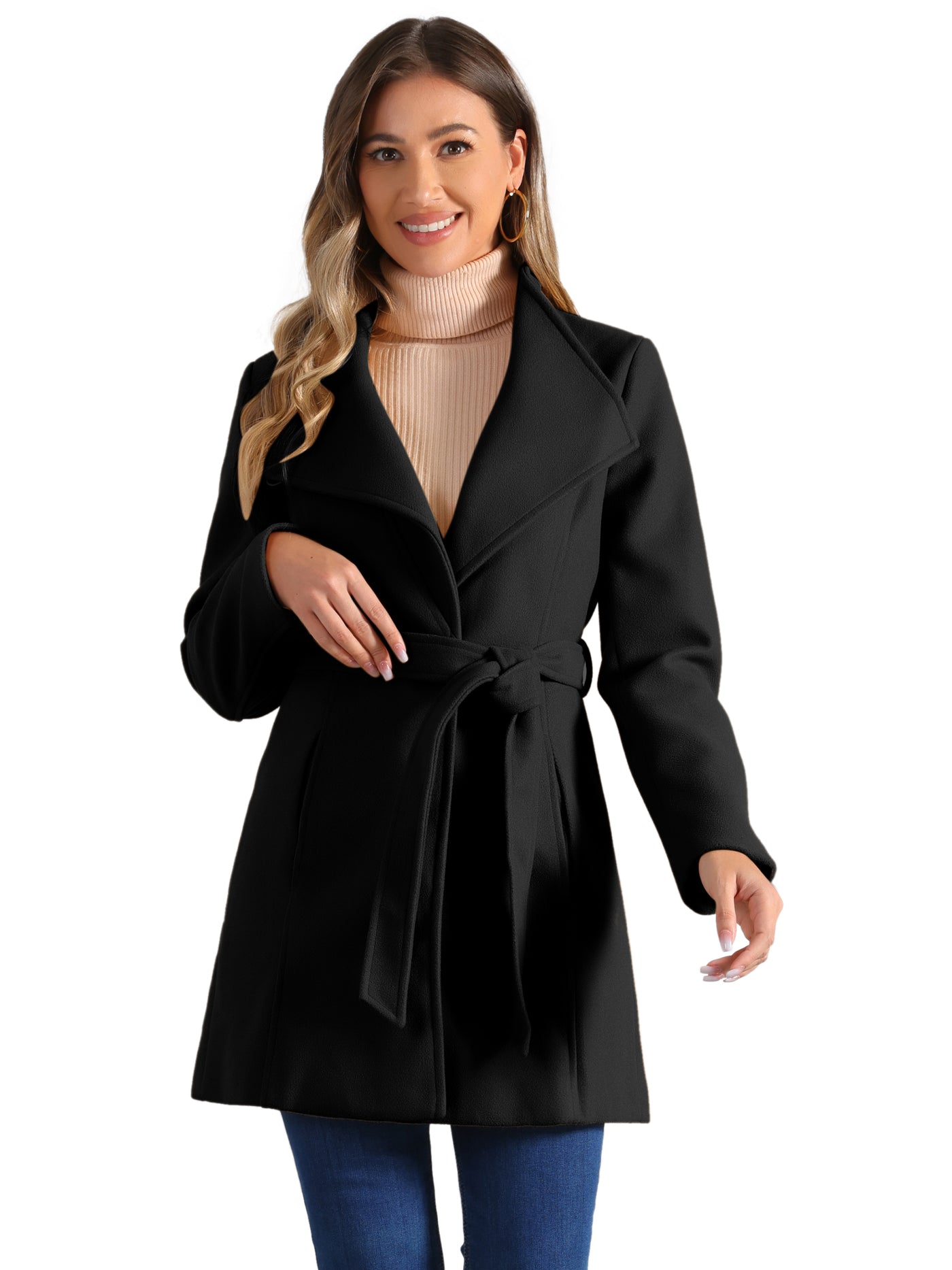 Allegra K Classic Stand Collar Long Sleeve Winter Belted Coat