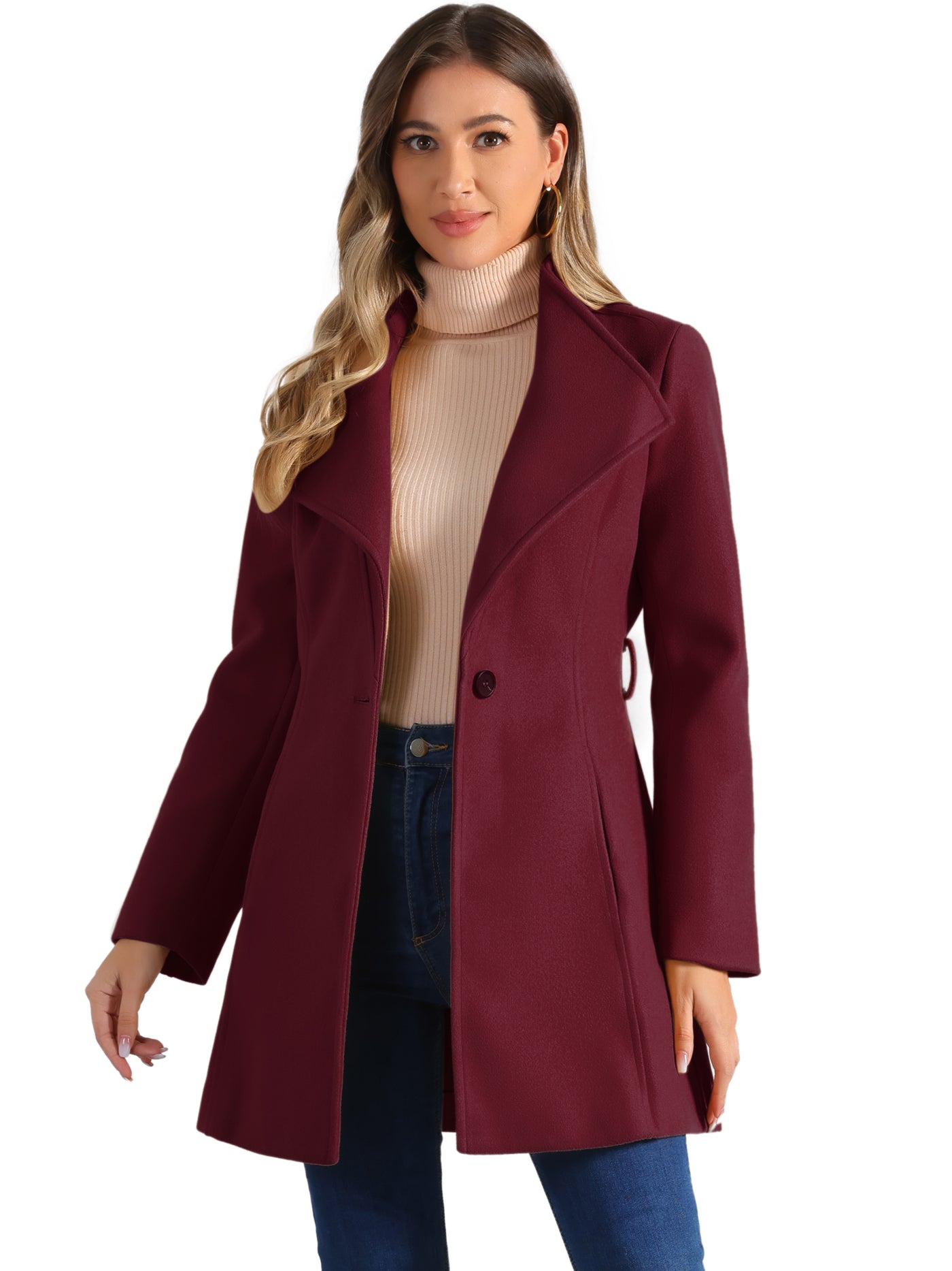 Allegra K Classic Stand Collar Long Sleeve Winter Belted Coat