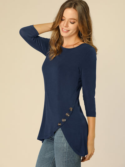 3/4 Sleeve Round Neck Button Decor Casual Stretchy Tunic Tops