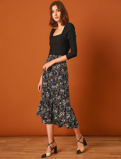 Printed Chiffon Elastic Waist Ruffle Tiered Flowy Midi Skirt