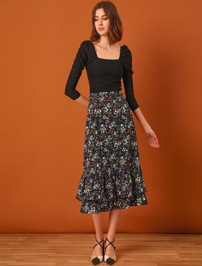 Printed Chiffon Elastic Waist Ruffle Tiered Flowy Midi Skirt