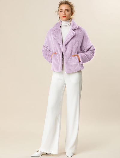 Allegra K Cropped Jacket Notch Lapel Faux Fur Fluffy Coat