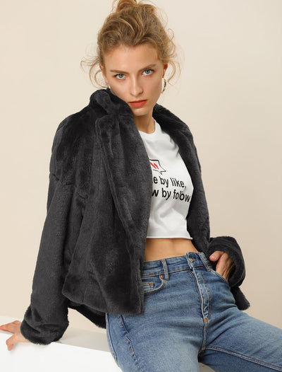 Allegra K Cropped Jacket Notch Lapel Faux Fur Fluffy Coat