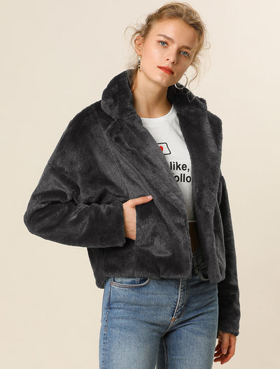 Allegra K Cropped Jacket Notch Lapel Faux Fur Fluffy Coat