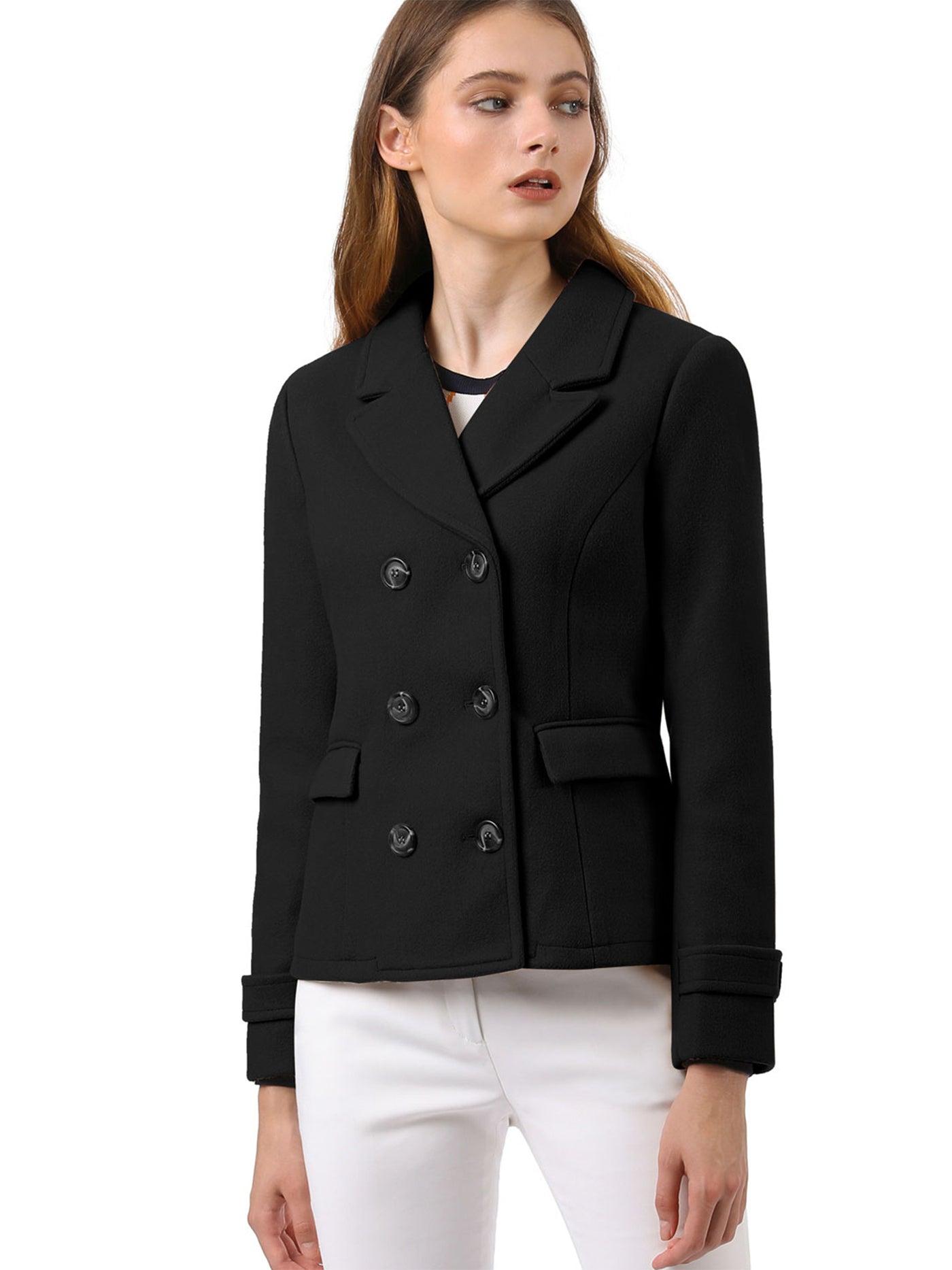 Allegra K Winter Notched Lapel Double Breasted Short Pea Coat