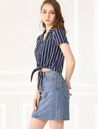 Striped Button Up Lapel Collar Top Short Sleeve Tie Front Crop Shirt