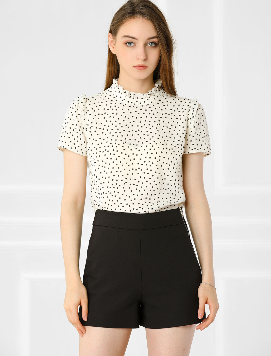 Allegra K Ruffled Retro Short Sleeve Office Polka Dots Blouse Tops