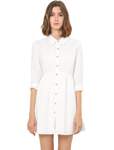 Ruched 3/4 Sleeve Button Up Casual Mini Shirt Dress