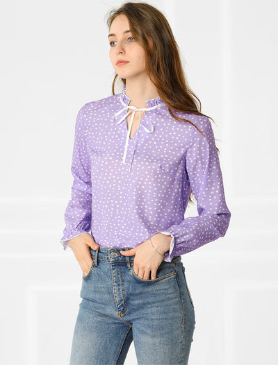 Bow Tie Neck Blouse Ruffled Collar Printed Long Sleeve Vintage Top