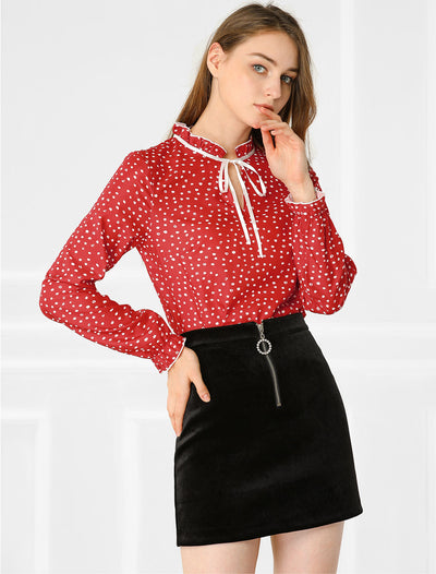 Bow Tie Neck Blouse Ruffled Collar Printed Long Sleeve Vintage Top