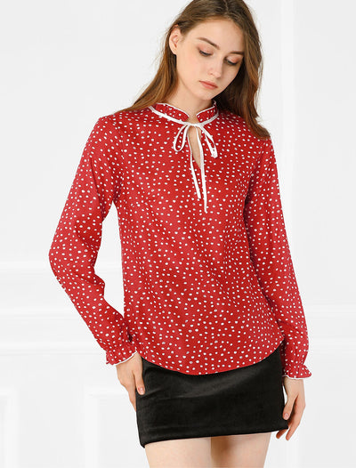 Bow Tie Neck Blouse Ruffled Collar Printed Long Sleeve Vintage Top