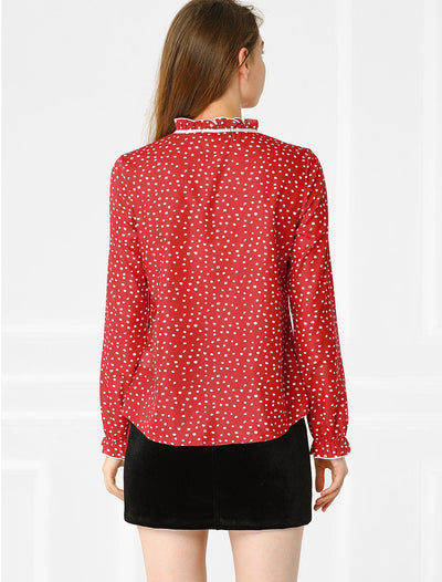 Bow Tie Neck Blouse Ruffled Collar Printed Long Sleeve Vintage Top