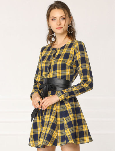 Plaid Long Sleeve Button Down Belted Mini Shirtdress