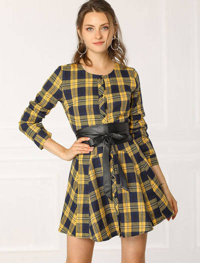 Plaid Long Sleeve Button Down Belted Mini Shirtdress