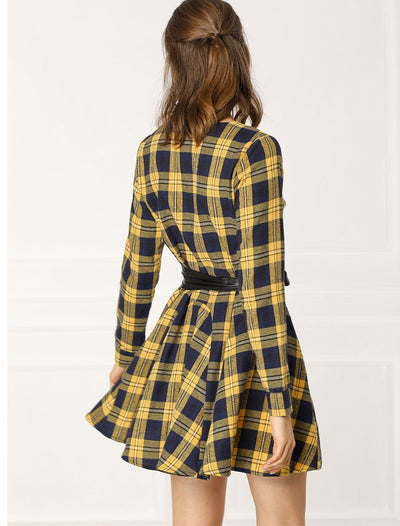 Plaid Long Sleeve Button Down Belted Mini Shirtdress