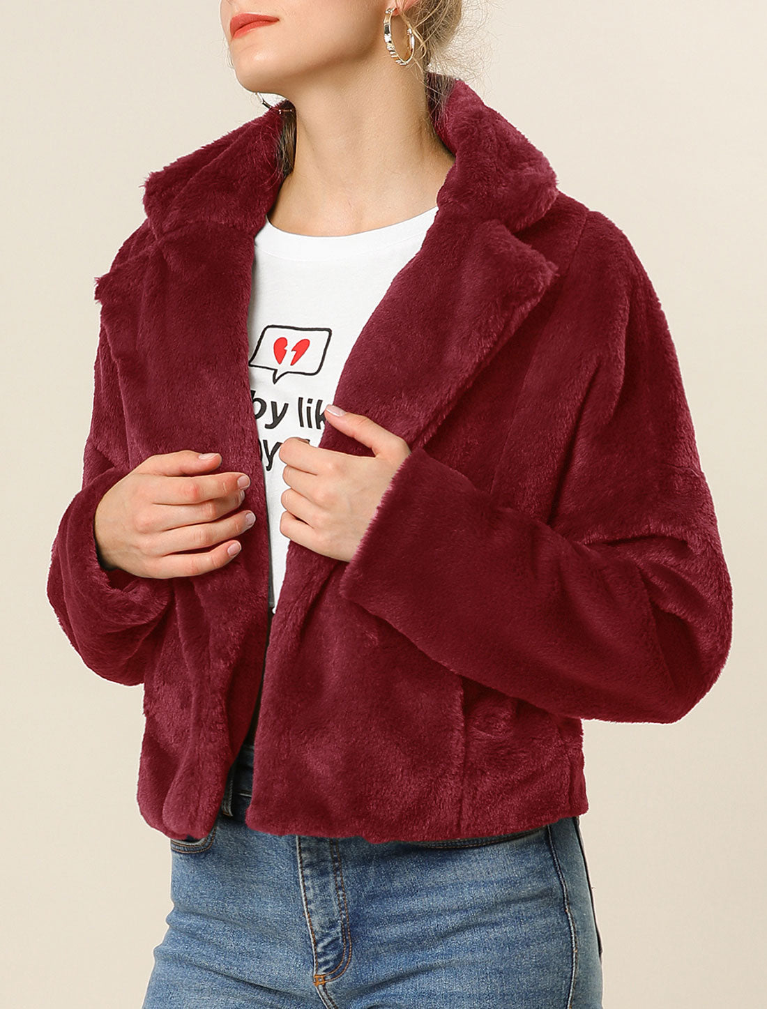 Allegra K Allegra K Cropped Jacket Notch Lapel Faux Fur Fluffy Coat