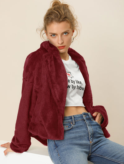 Allegra K Cropped Jacket Notch Lapel Faux Fur Fluffy Coat