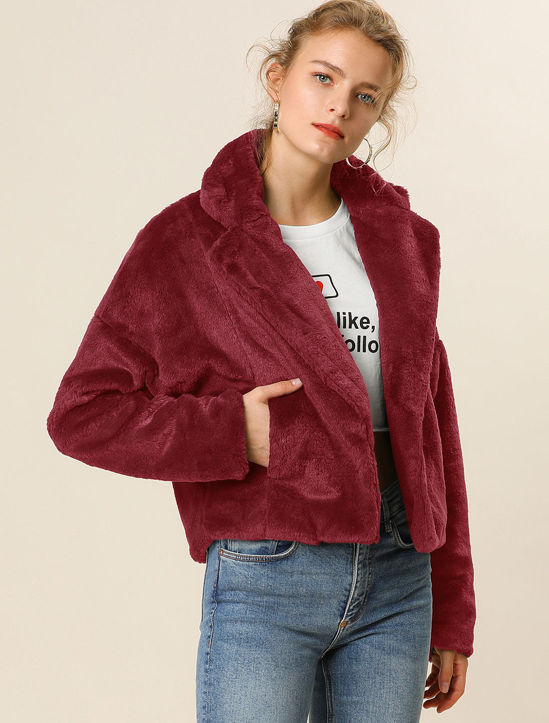 Allegra K Allegra K Cropped Jacket Notch Lapel Faux Fur Fluffy Coat