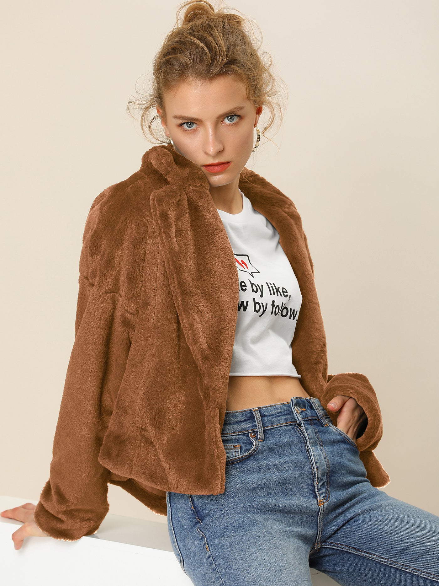 Allegra K Allegra K Cropped Jacket Notch Lapel Faux Fur Fluffy Coat