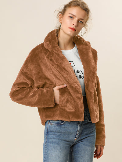 Allegra K Cropped Jacket Notch Lapel Faux Fur Fluffy Coat