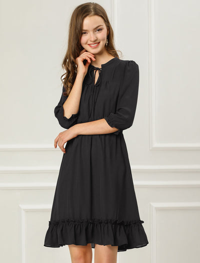 Women's Autumn Wedding Guest Dresses Ruffle Hem 3/4 Sleeve A-Line Smocked Short Chiffon Dress