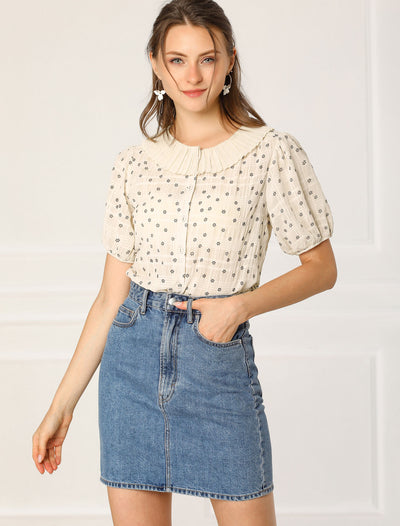 Button Down Short Sleeve Shirt Pleated Collar Floral Blouse