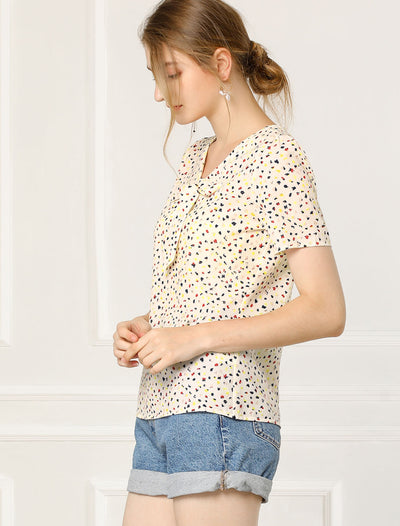 Bow Tie V Neck Short Sleeve Straight Loose Breathable Printed Blouse