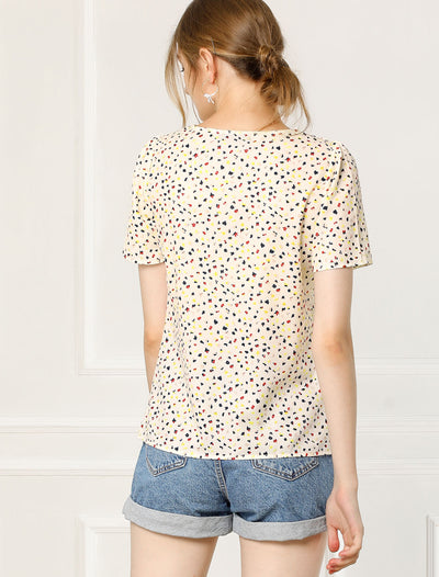 Bow Tie V Neck Short Sleeve Straight Loose Breathable Printed Blouse